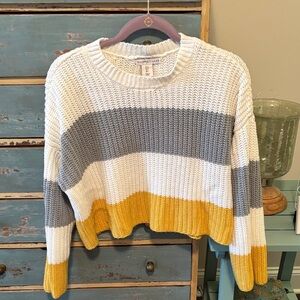Sincerely Jules Striped Cropped Crew Sweater - White, Gray & Mustard. Sz small